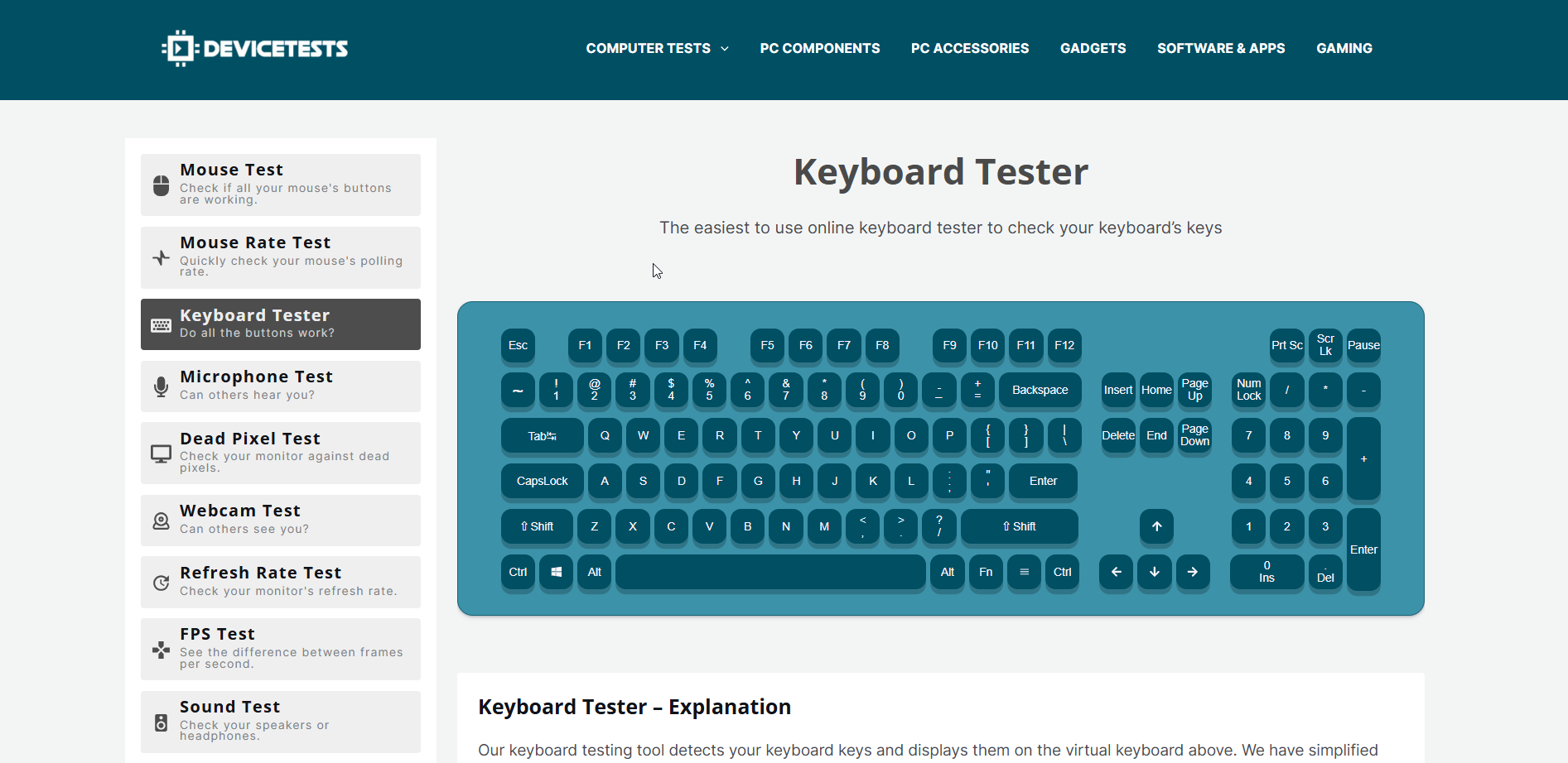Giao diện website test bàn phím devicetests.com