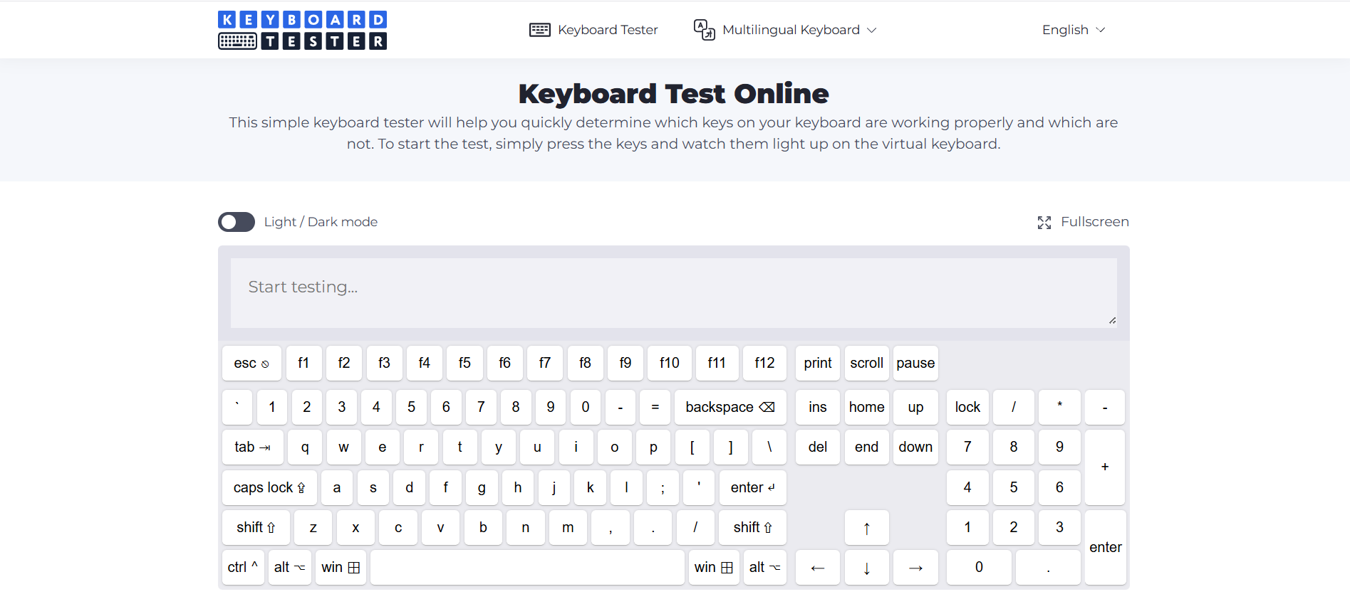 Giao diện trang web keyboard-tester-com