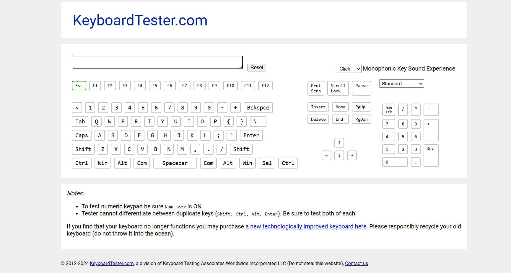 Giao diện trang web test bàn phím keyboardtester.com