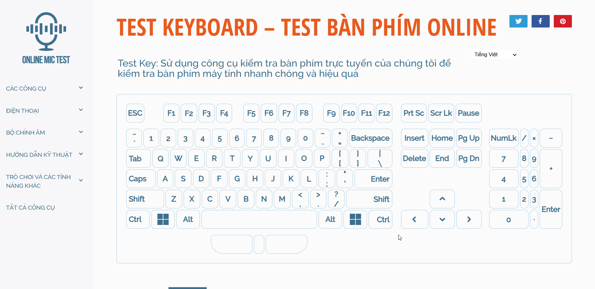 Giao diện test bàn phím Onlinemic Test